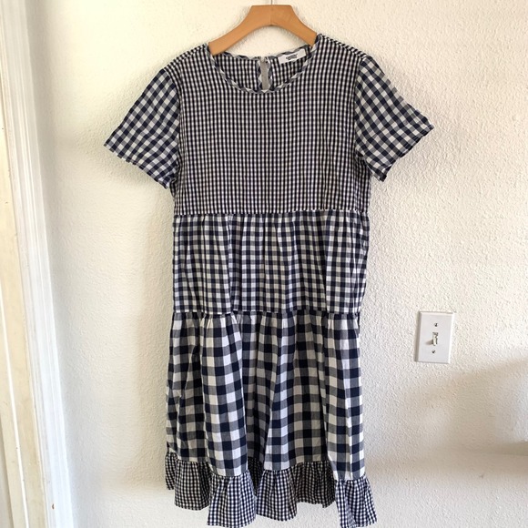 Country Store Dresses & Skirts - Country Store Navy Blue Gingham Tiered Babydoll Dress Cotton Mixed Check Midi